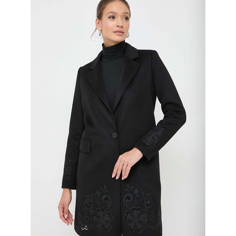 Vlněný kabát Twinset černá barva, přechodný, bez zapínání