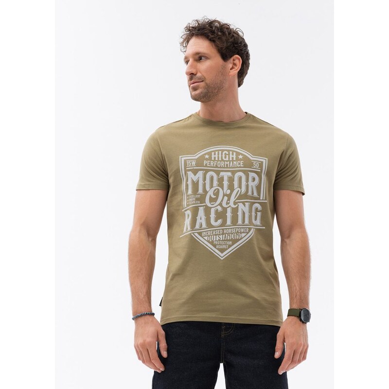Ombre Clothing Originální olivové tričko s auto-moto motivem V2-S1735