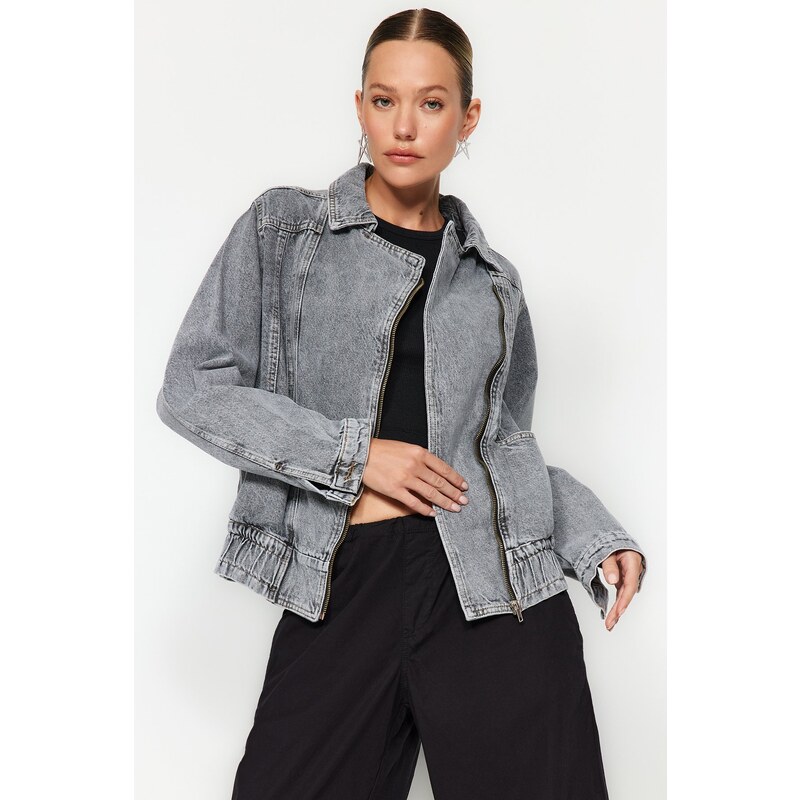 Džínová bunda Trendyol Grey Stitch Detail Bomber