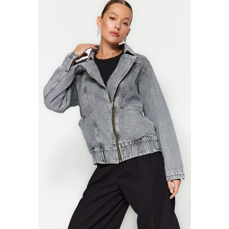 Džínová bunda Trendyol Grey Stitch Detail Bomber