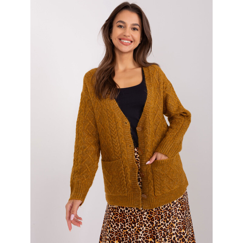 Fashionhunters Tmavě žlutý dámský kabelový pletený svetr
