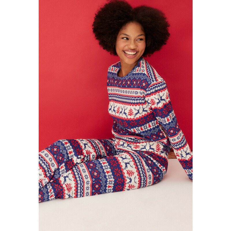 Trendyol Multicolored 100% Cotton Christmas Theme Tshirt-Pants, Knitted Pajamas Set