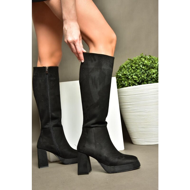 Fox Shoes R282230102 Black Suede Platform Women's Thick Heeled Boots