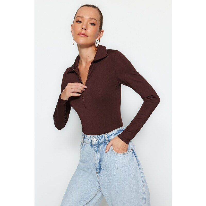Trendyol Brown Zipper Collar Detail, Snap Snaps at the Bottom, Flexible Knitted Knit Body