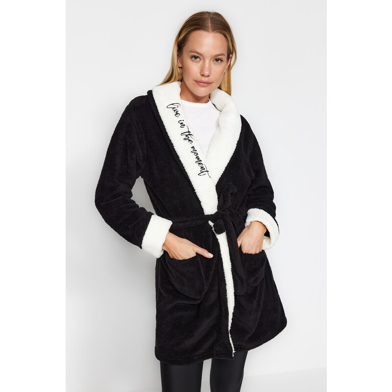 Trendyol Black Belted Pocket Slogan Embroidered Wellsoft Knitted Dressing Gown