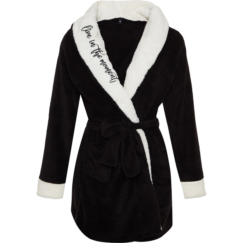 Trendyol Black Belted Pocket Slogan Embroidered Wellsoft Knitted Dressing Gown