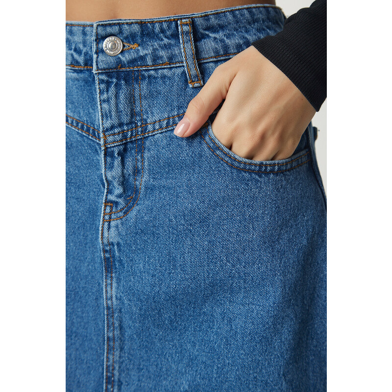 Happiness İstanbul Women's Blue Slit and Tasseled Denim Skirt