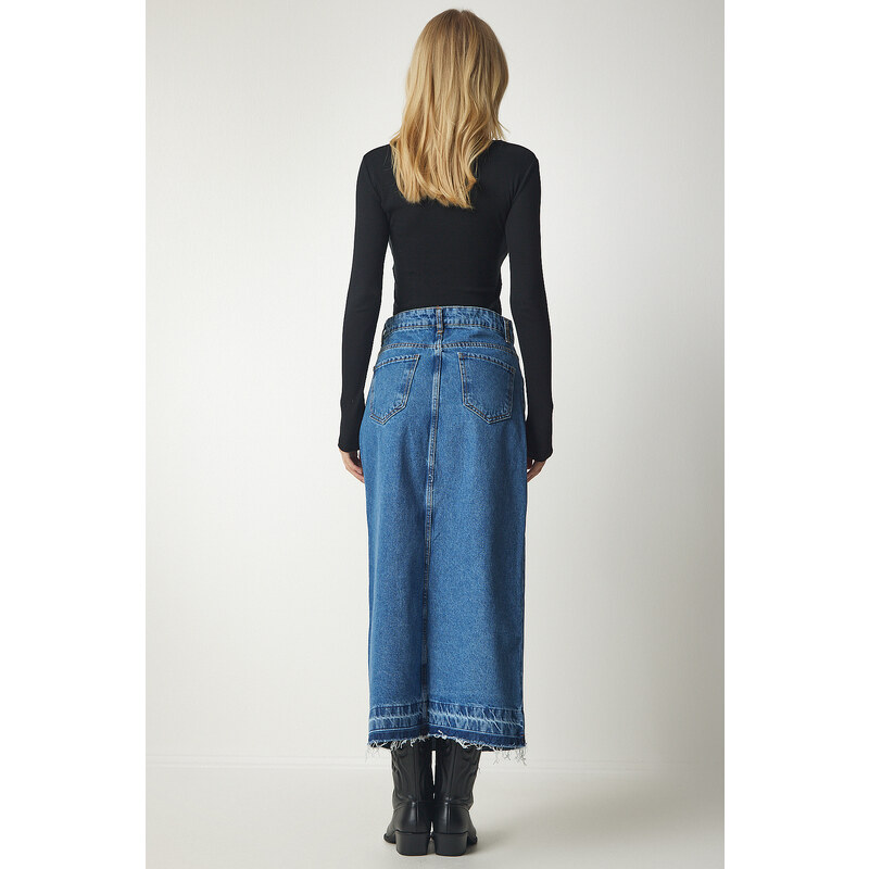 Happiness İstanbul Women's Blue Slit and Tasseled Denim Skirt