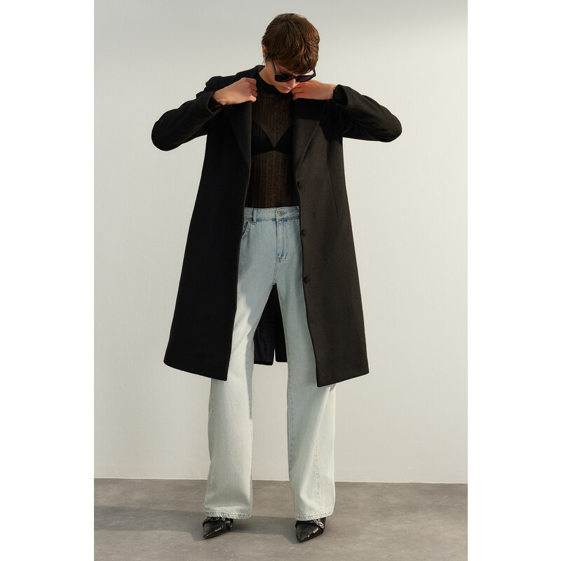 Vlněný kabát Trendyol Black Oversize se širokým střihem