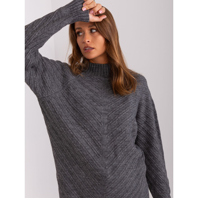 Fashionhunters Tmavě šedý dlouhý oversize svetr s rolákem