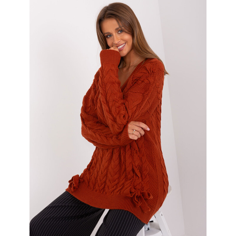 Fashionhunters Tmavě oranžový dlouhý svetr s kabely