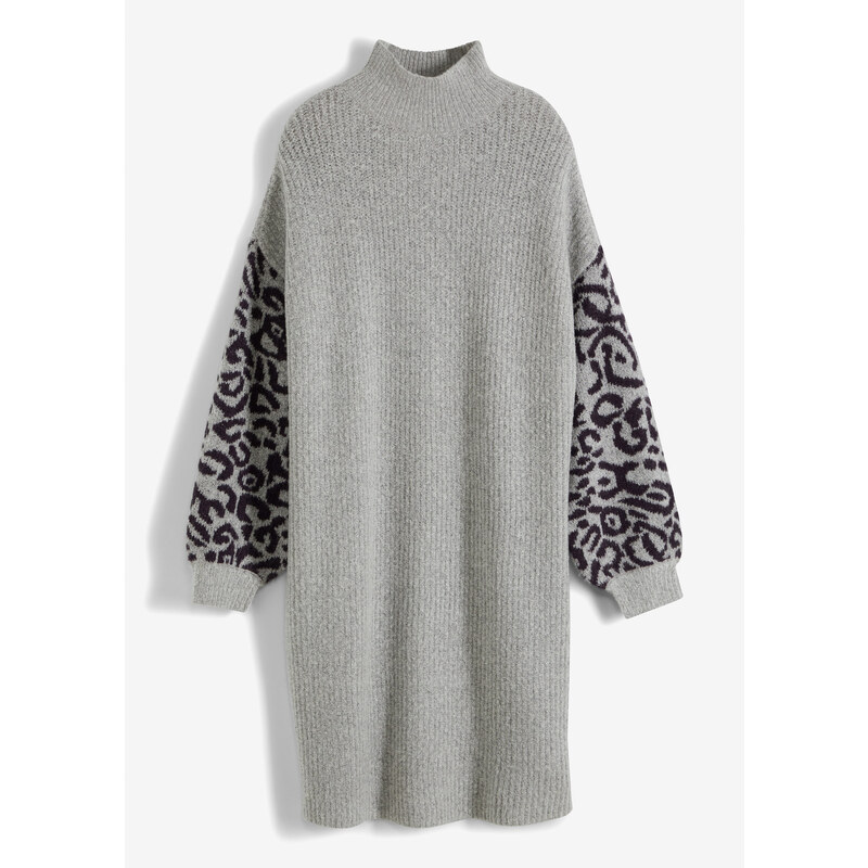 bonprix Pletené šaty s leopardím vzorem Šedá
