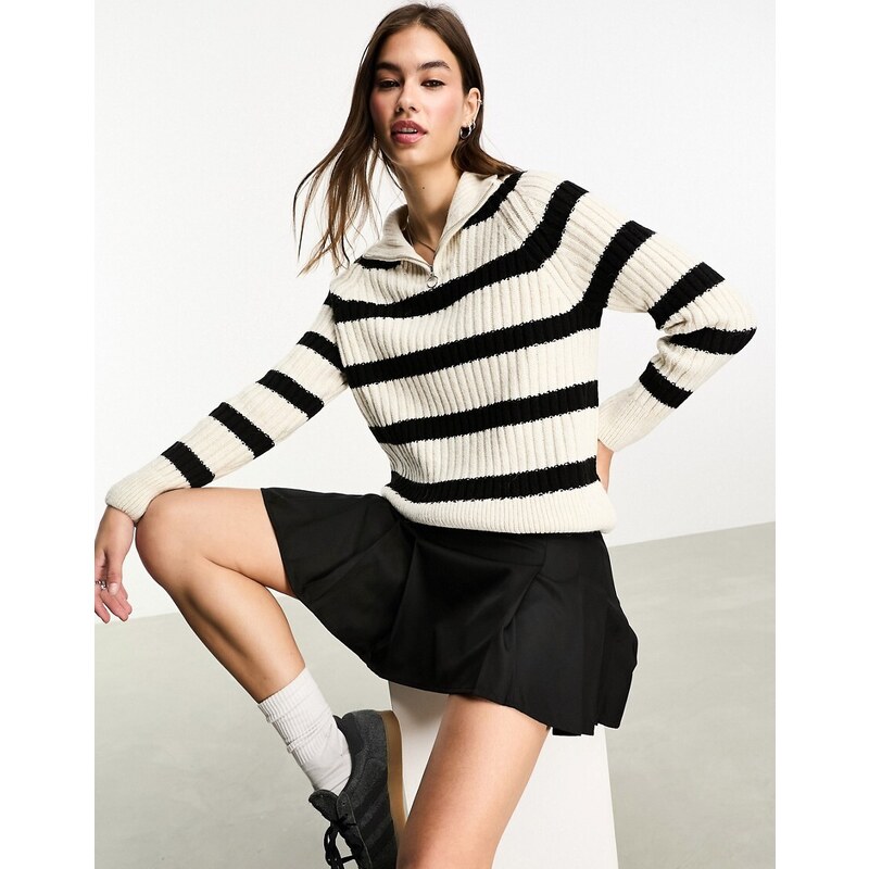 ONLY high neck zip detail jumper in cream and black stripe-White