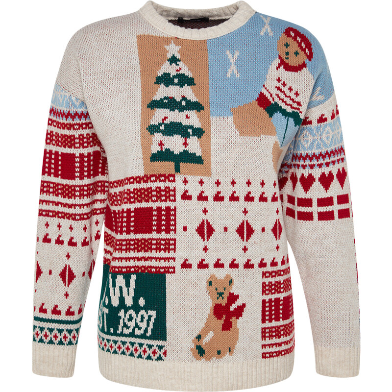 Trendyol Stone Christmas Themed Oversize Soft Textured Patterned Knitwear Sweater