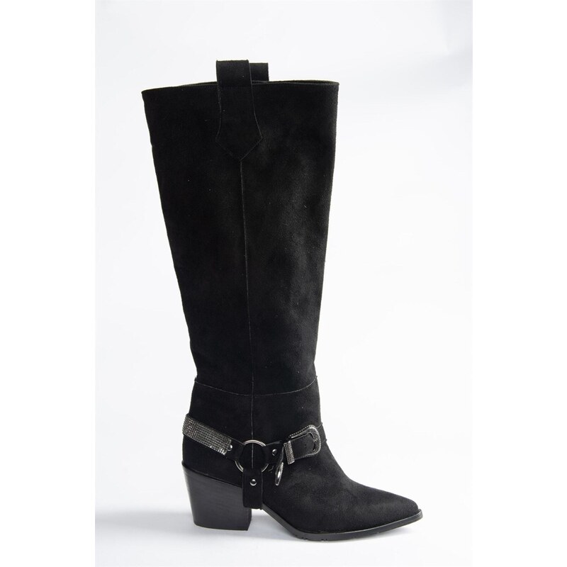 Fox Shoes Black Suede Low Heeled Cowboy Model Boots