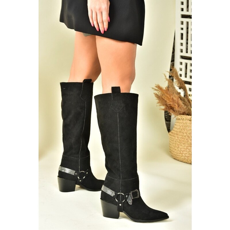 Fox Shoes Black Suede Low Heeled Cowboy Model Boots