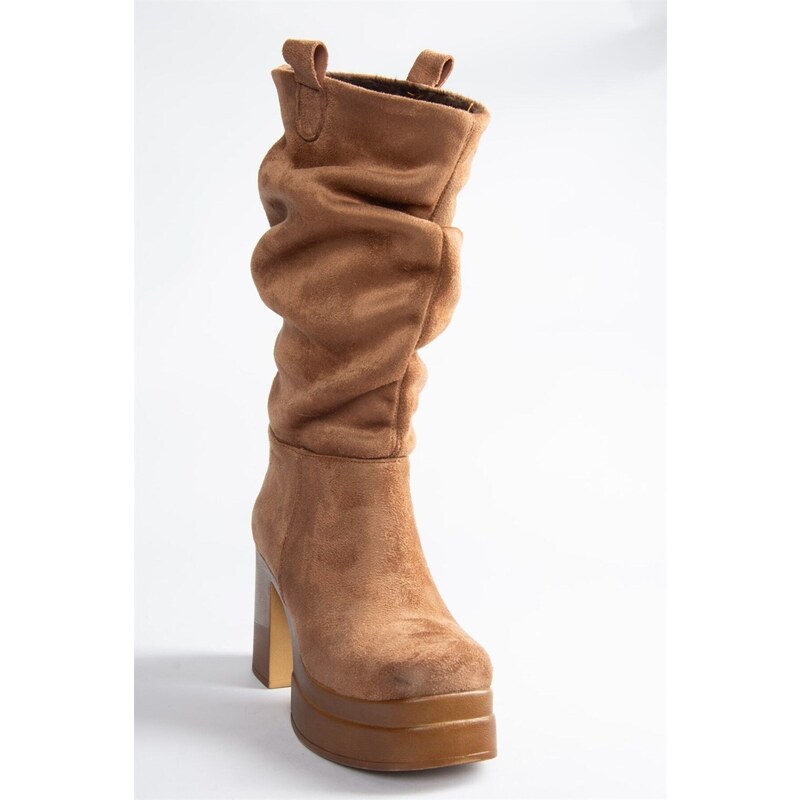 Fox Shoes Tan Women's Suede Thick Heeled Pleated Boots