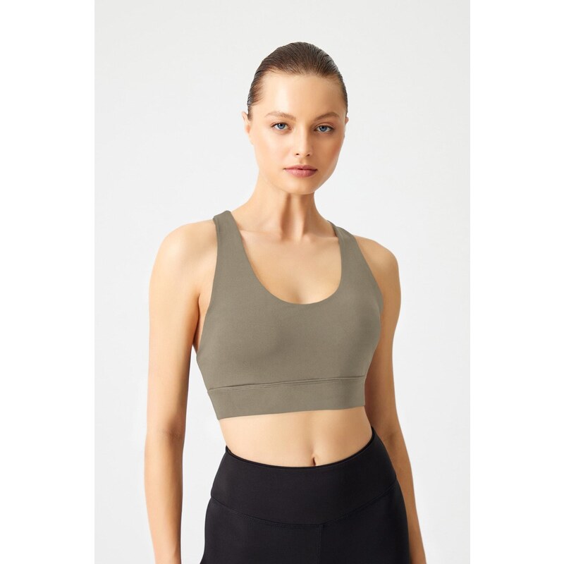 LOS OJOS Khaki Support Back Detailed Covered Sports Bra