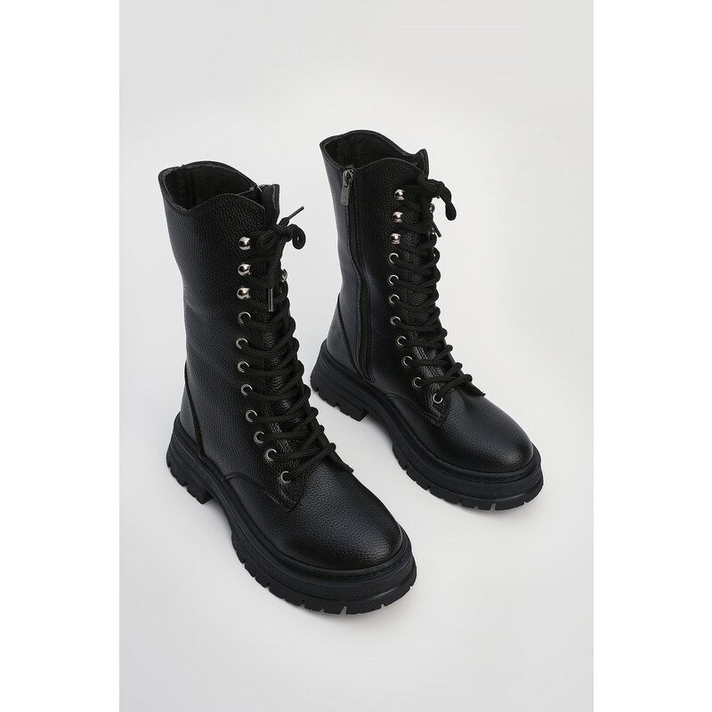 Marjin Women's Lace-up Zippered Thick Sole Ankle Boots Yenles Black.