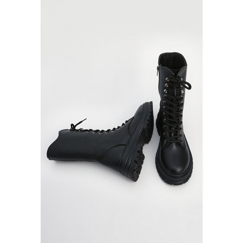 Marjin Women's Lace-up Zippered Thick Sole Ankle Boots Yenles Black.