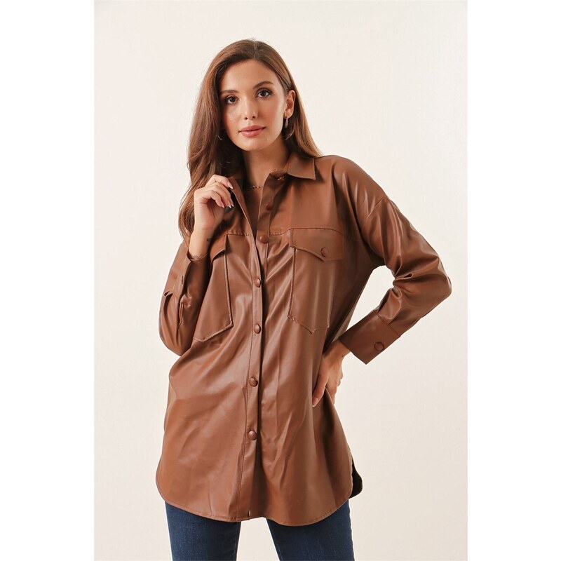 By Saygı Leather Shirt with Double Pockets Tan