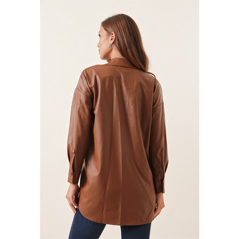 By Saygı Leather Shirt with Double Pockets Tan