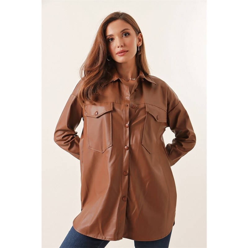 By Saygı Leather Shirt with Double Pockets Tan