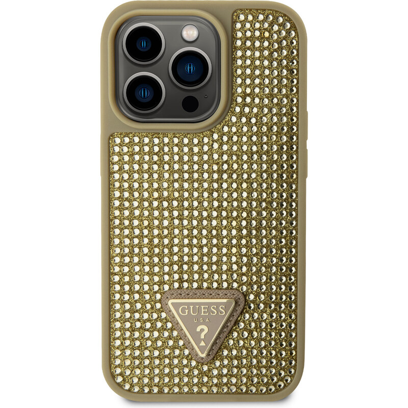 Ochranný kryt pro iPhone 15 Pro - Guess, Rhinestones Triangle Metal Logo Gold