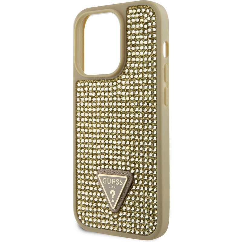 Ochranný kryt pro iPhone 15 Pro - Guess, Rhinestones Triangle Metal Logo Gold