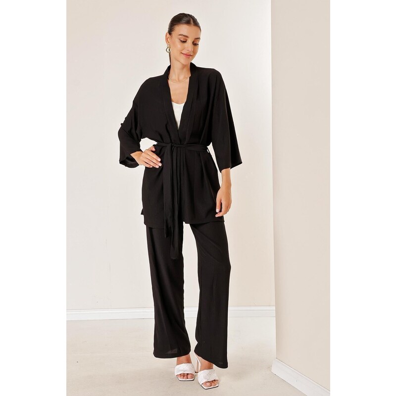 By Saygı Crescent Pants With Pockets Kimono Suit Black