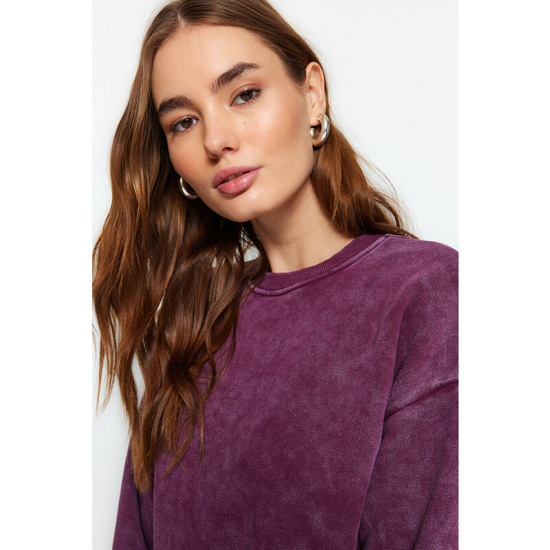 Trendyol Violet Antiqued/Faded Effect Thicker Fleece Inside Oversized/Wide Knitted Sweatshirt