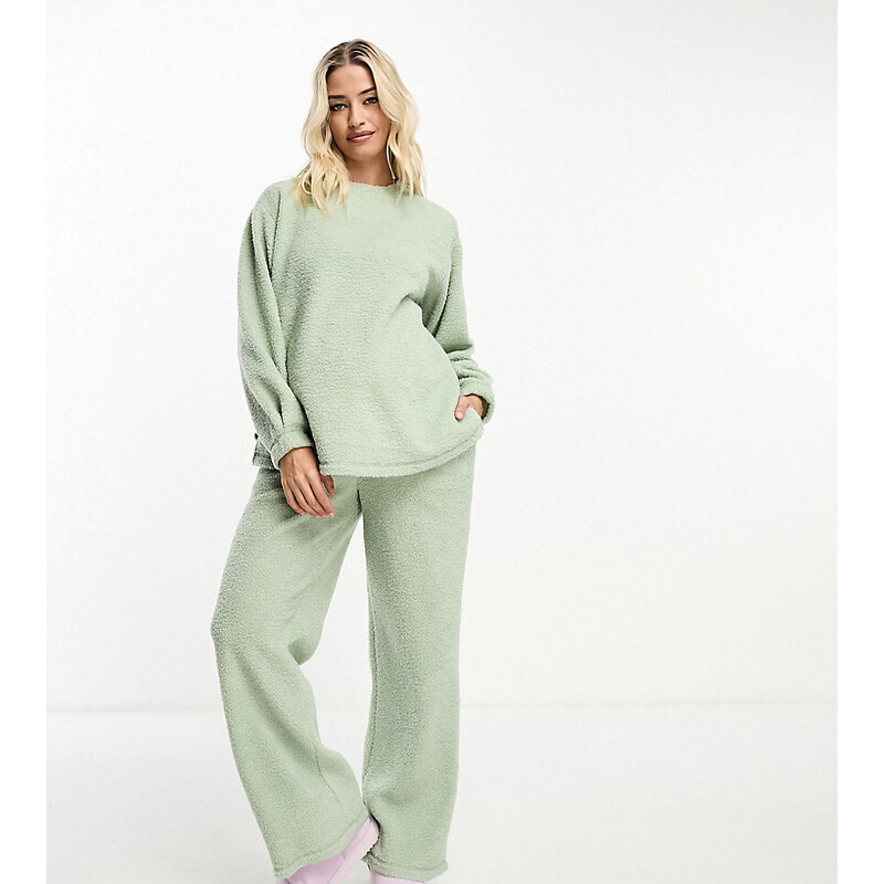 ASOS Maternity ASOS DESIGN Maternity lounge borg sweat & wide leg trouser set in sage-Green