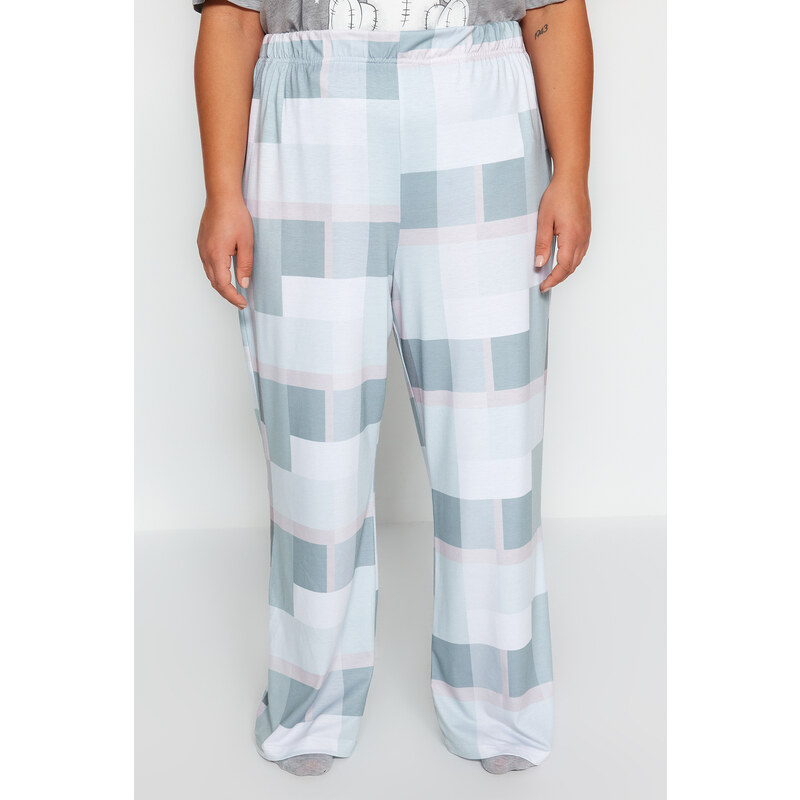 Trendyol Curve Gray Printed Checkered Knitted Pajamas Set