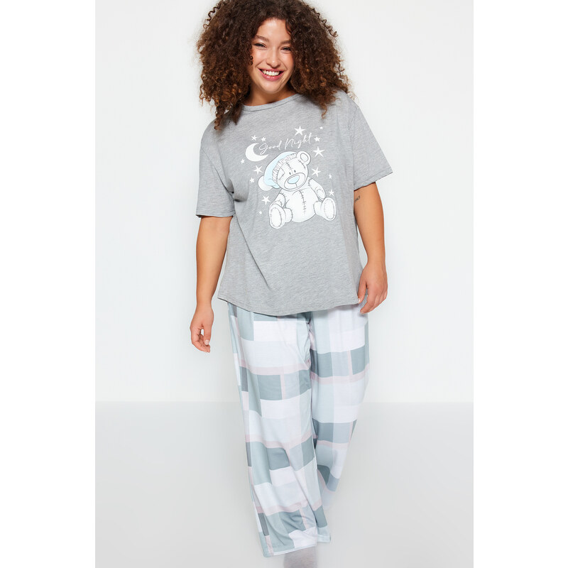 Trendyol Curve Gray Printed Checkered Knitted Pajamas Set