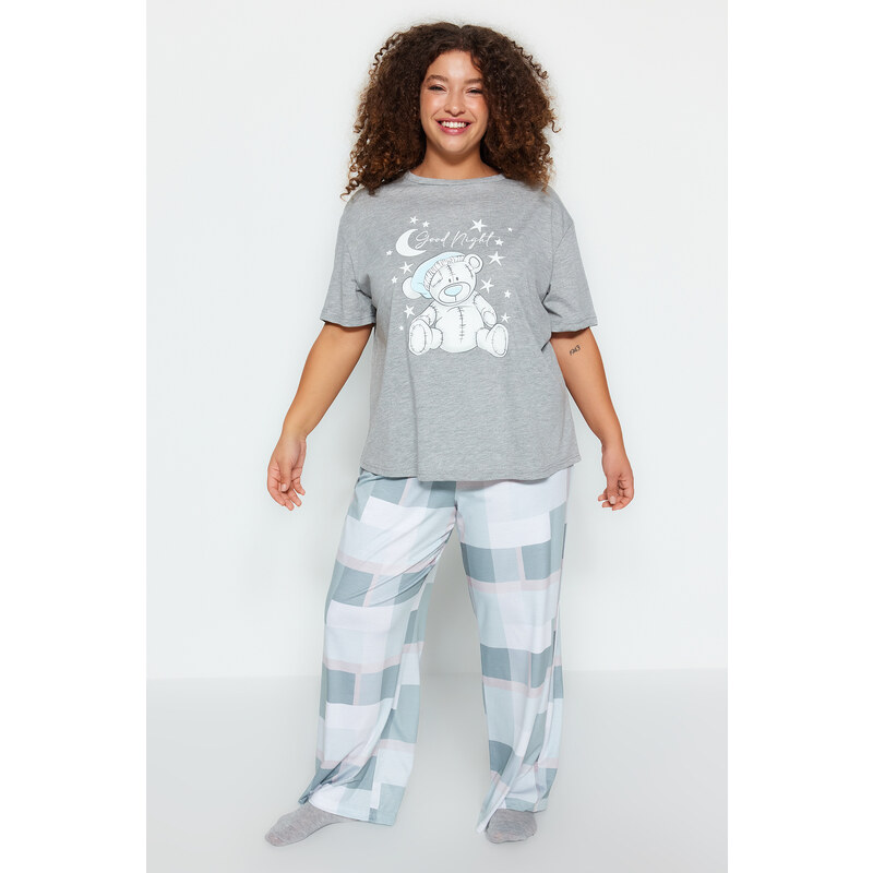 Trendyol Curve Gray Printed Checkered Knitted Pajamas Set