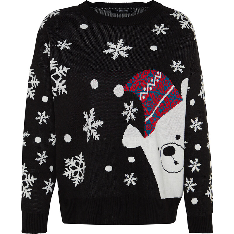 Trendyol Black Oversize Christmas Theme Knitwear Sweater