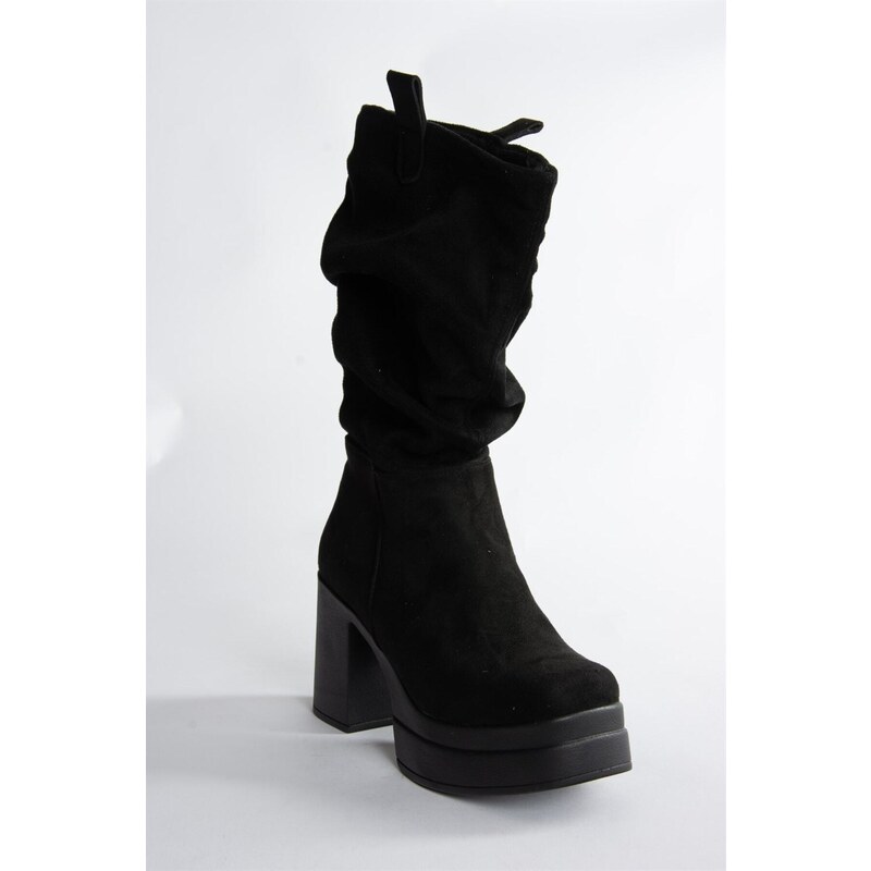 Fox Shoes Women's Black Suede Thick Heeled Pleated Boots