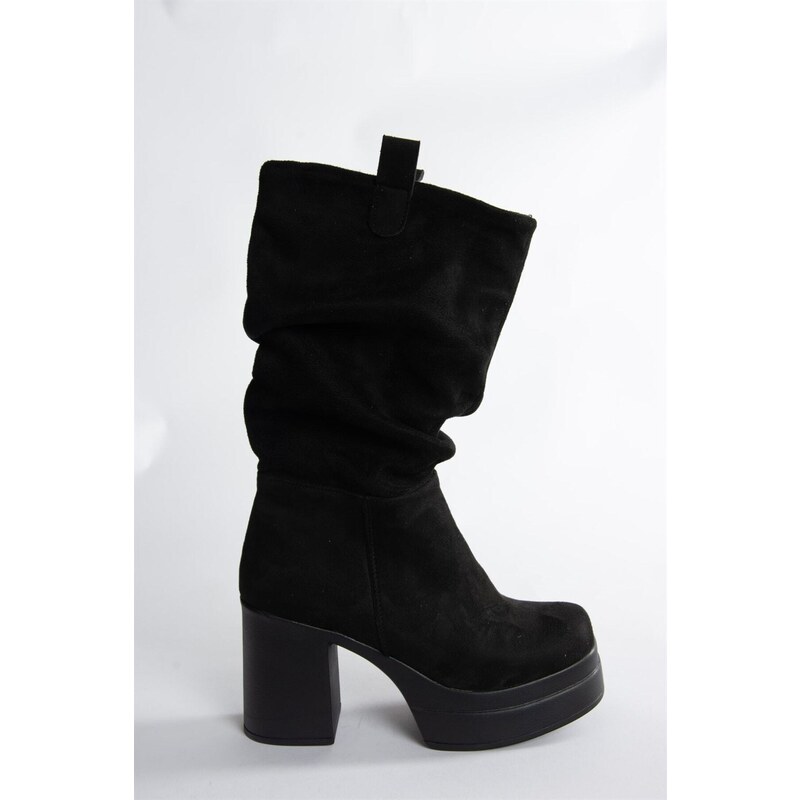 Fox Shoes Women's Black Suede Thick Heeled Pleated Boots