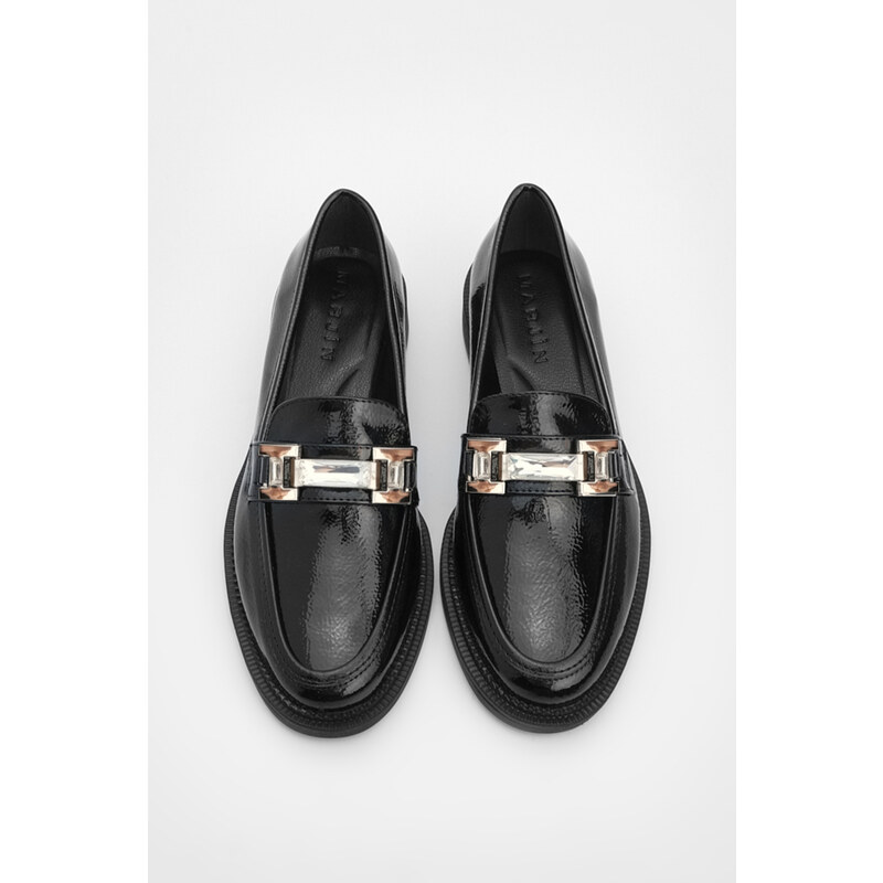 Marjin Women's Stony Buckle Loafers Casual Shoes Hosre Black Patent Leather.