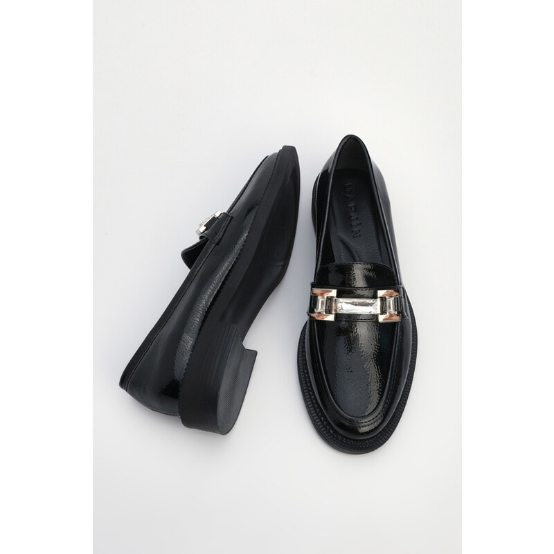 Marjin Women's Stony Buckle Loafers Casual Shoes Hosre Black Patent Leather.