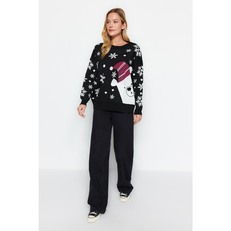 Trendyol Black Oversize Christmas Theme Knitwear Sweater