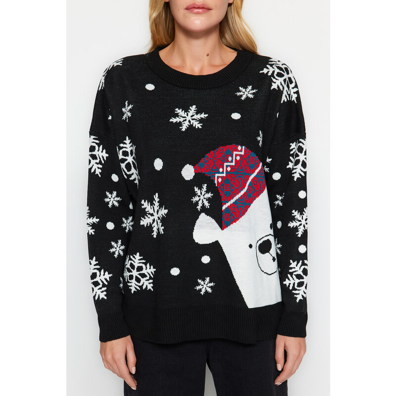 Trendyol Black Oversize Christmas Theme Knitwear Sweater