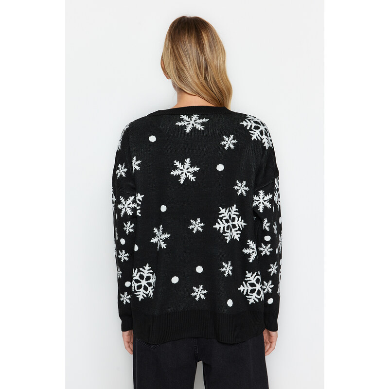 Trendyol Black Oversize Christmas Theme Knitwear Sweater