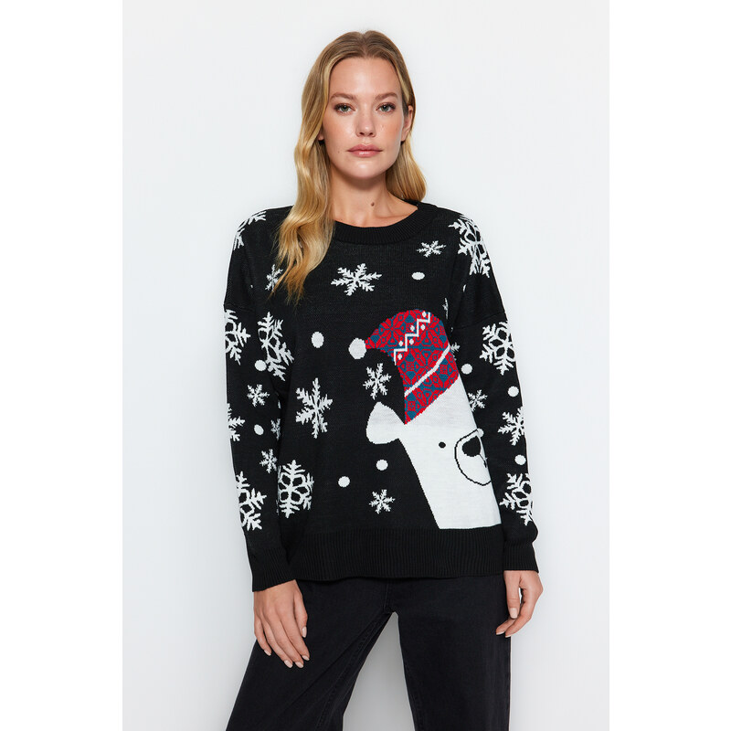 Trendyol Black Oversize Christmas Theme Knitwear Sweater