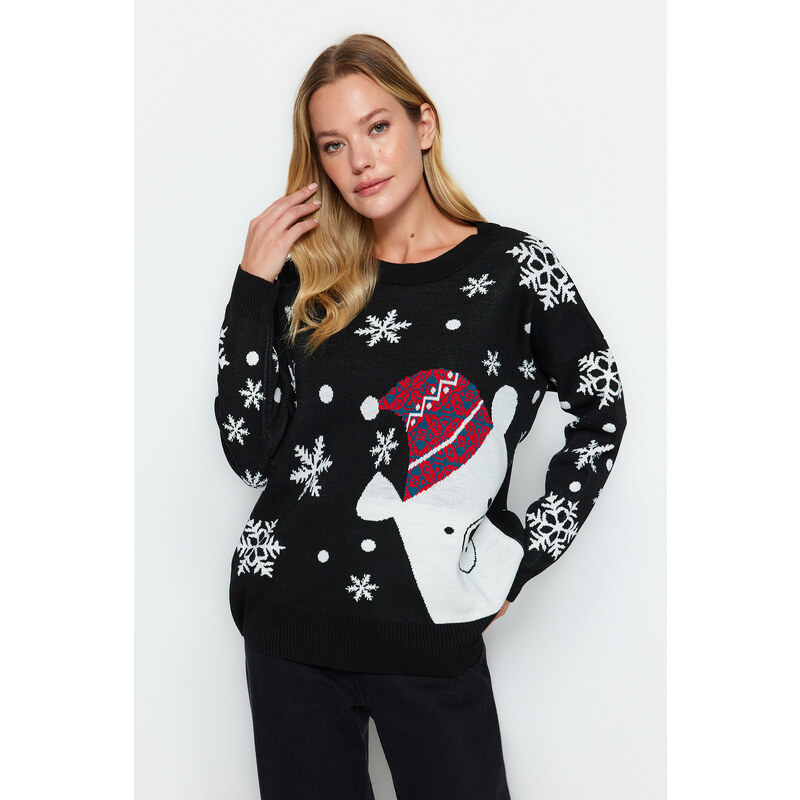 Trendyol Black Oversize Christmas Theme Knitwear Sweater