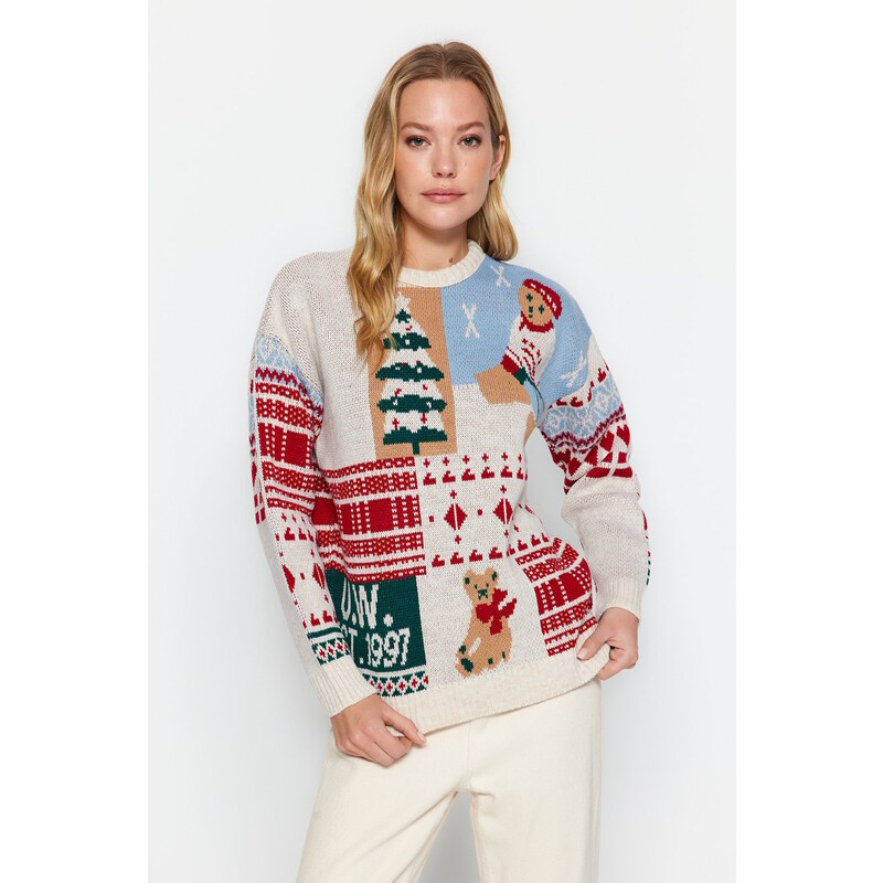 Trendyol Stone Christmas Themed Oversize Soft Textured Patterned Knitwear Sweater