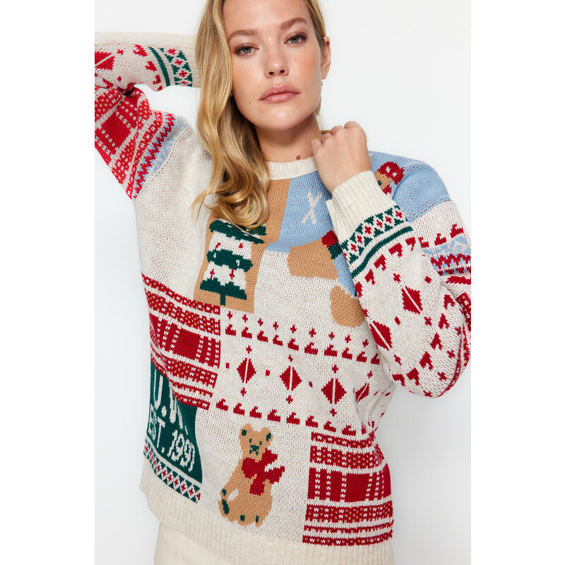 Trendyol Stone Christmas Themed Oversize Soft Textured Patterned Knitwear Sweater