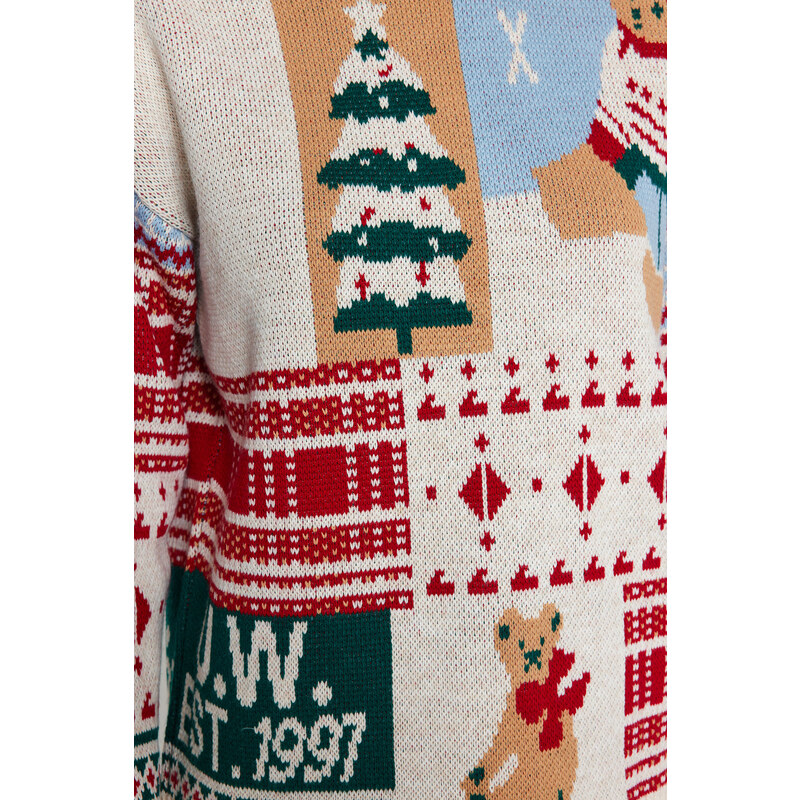 Trendyol Stone Christmas Themed Oversize Soft Textured Patterned Knitwear Sweater