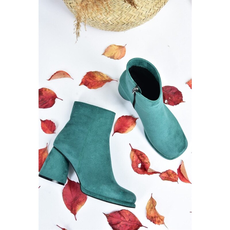 Fox Shoes Women's Green Suede Thick Heeled Daily Boots