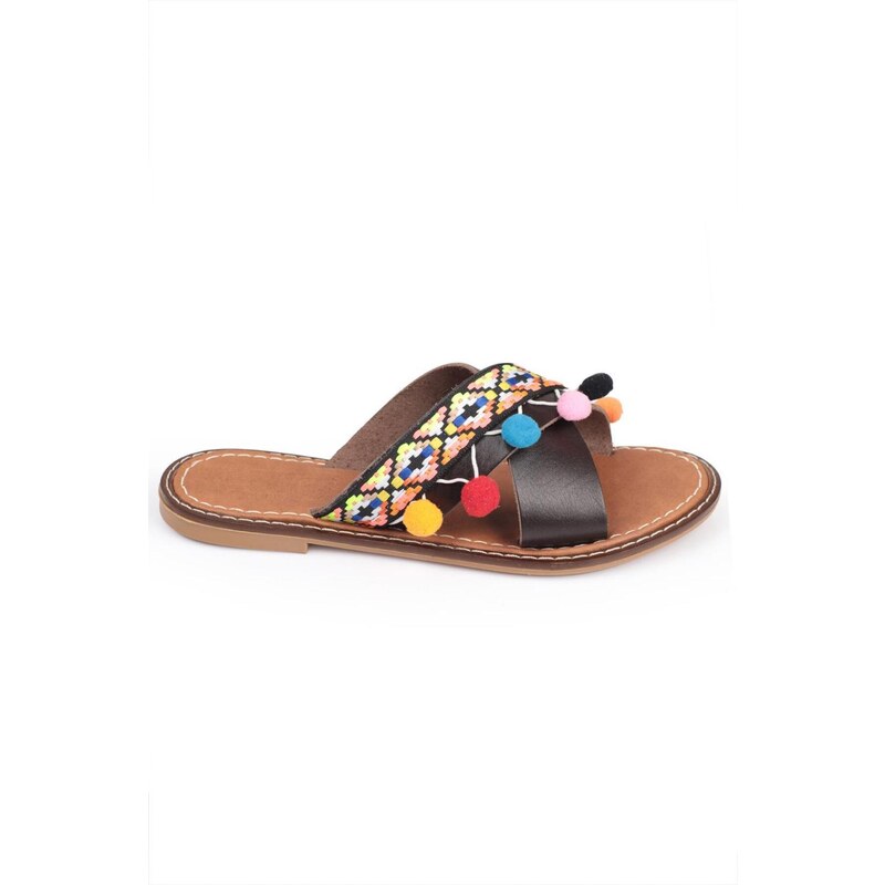 Capone Outfitters Capone 8084 Genuine Leather Women's Brown Slippers with Pompom.